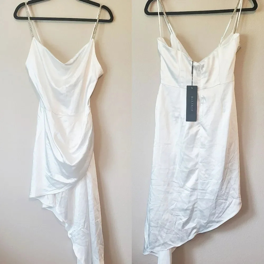 Elliatt White Jacinda Asymmetrical Satin Crystal Strap Dress Size Small - Picture 4 of 15